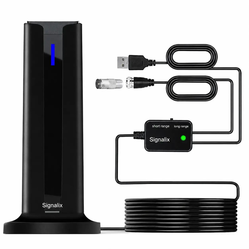 Signalix indoor digital TV antenna with its amplifier, coaxial adapter and cables